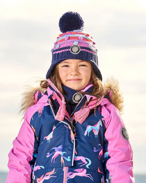 Bonnet péruvien en tricot bleu marine et multicolore