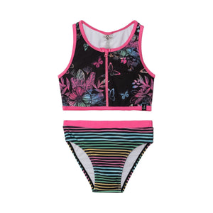 Maillot de bain deux pièces noir à rayures et imprimé papillons multicolores