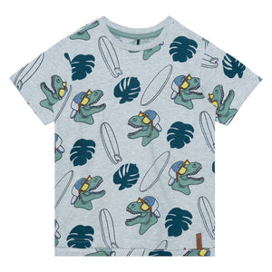 T-shirt jersey de coton gris pâle chiné avec imprimé de dinosaures
